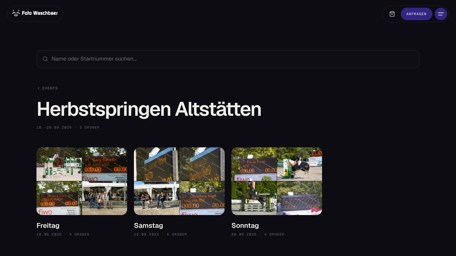 Der Shop von Foto Waschbaer: die Galerien der letzten Turniere, mit Suche nach Name oder Startnummer.